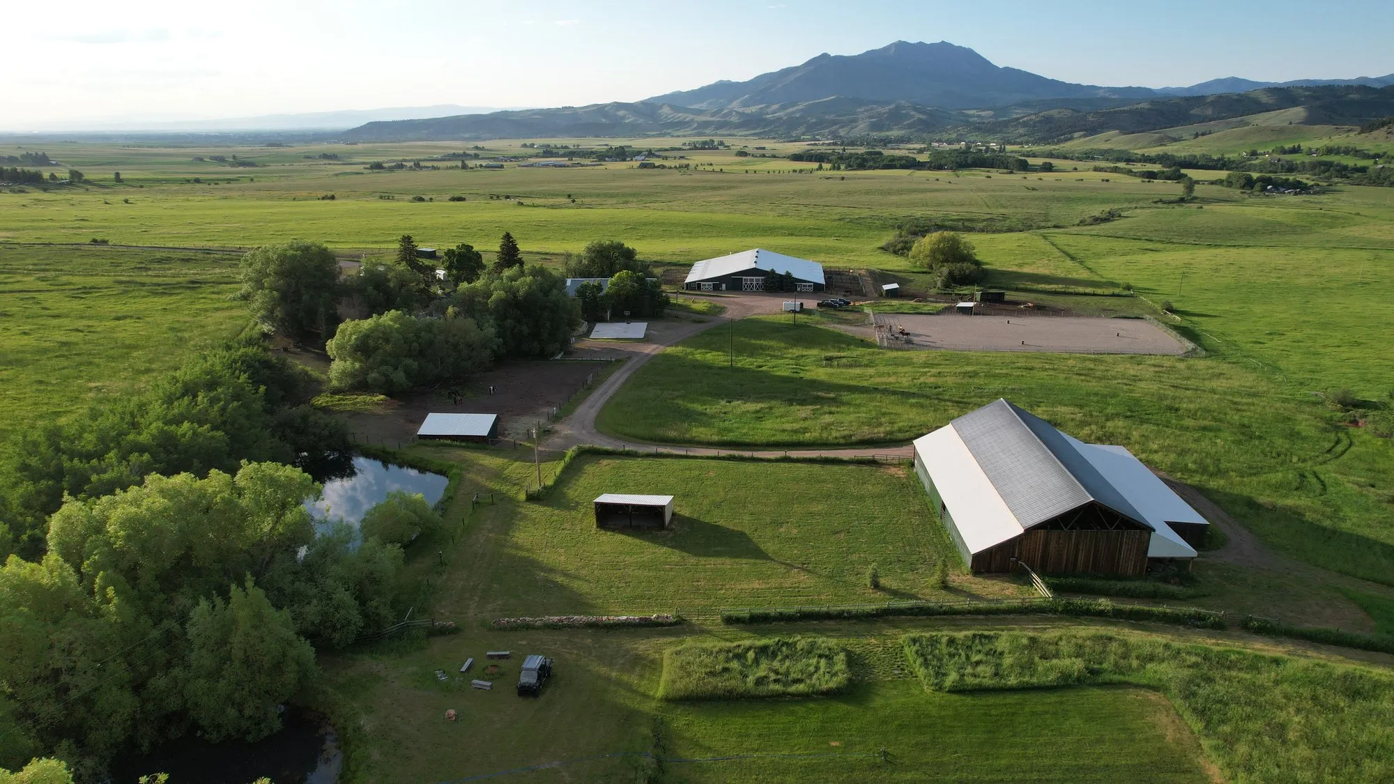 The barn, arenas, and pastures from above.