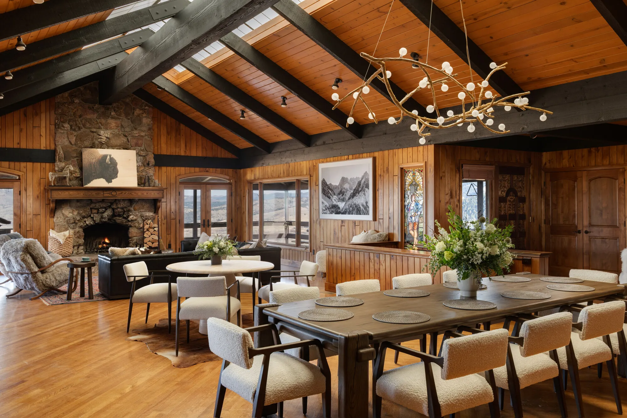 The main floor holds dinner for sixteen and the fire after.