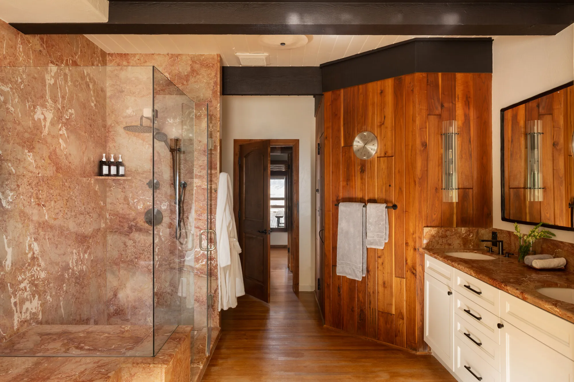 Walk-in shower off the master; the Finnish sauna is steps away.